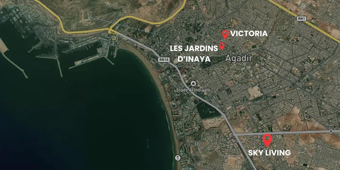 Carte dAgadir situant les rsidences Victoria, Inaya et Sky Living